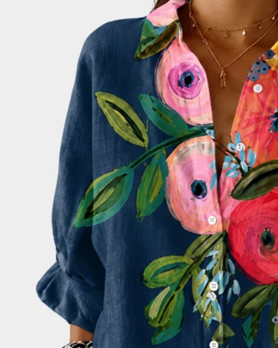 Skjorte Med Lange Ermer Og Blomstermønster I Oljemalingsstil