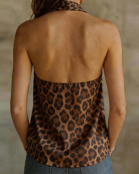 Blus V-Hals Halter Leopard Ärmlös