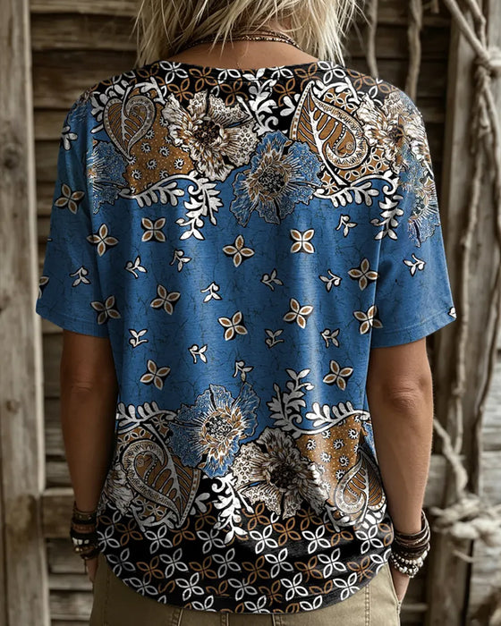 T-Shirt Vintage Blomstret Fargeblokk Rundhals