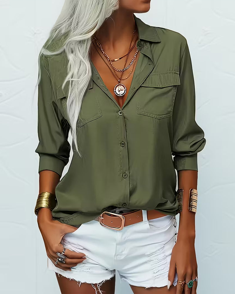 Kvinne Skjorte Med Dobbel Lomme Detalj, Enfarget Design