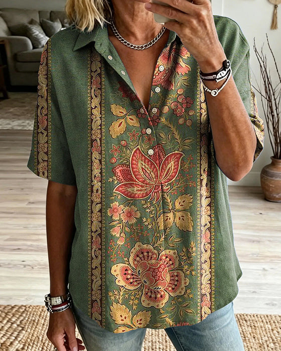 Bluse Retro Blomstermønster Løs