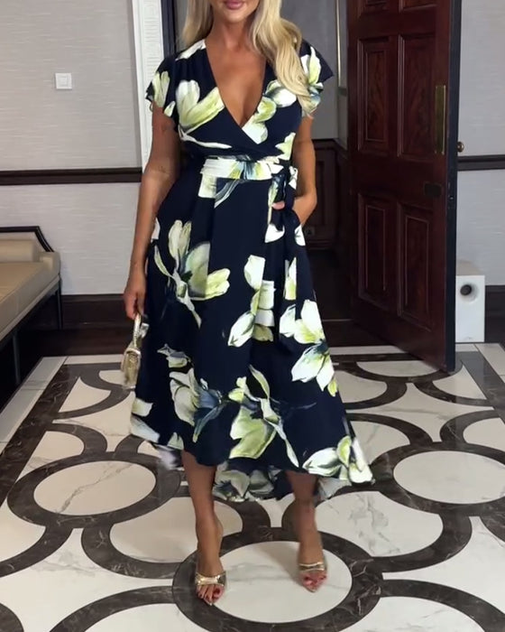 Kjole V-Hals Blomstertrykk Midje Kortermet