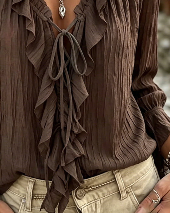 Bluse Ruffle Trim Knyting Lang Erme