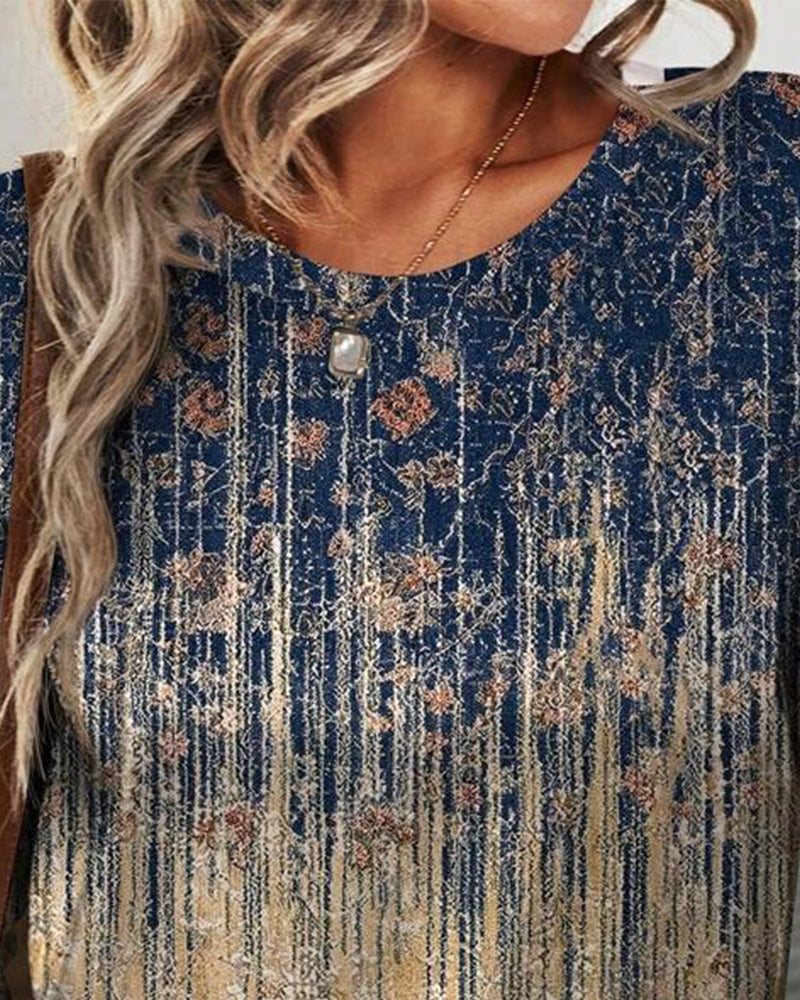 Topp Retro Rund Hals Trykket Langermet