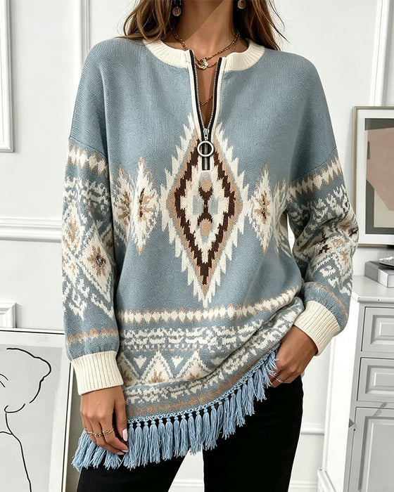 Genser Geometrisk Jacquard Halv-Zip Frynset Kant