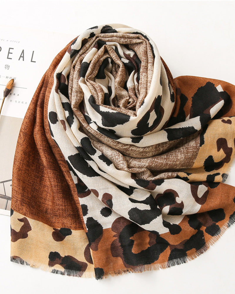 Dame Skjerf Leopard Lappeteppe Trykk Frynser Sjal
