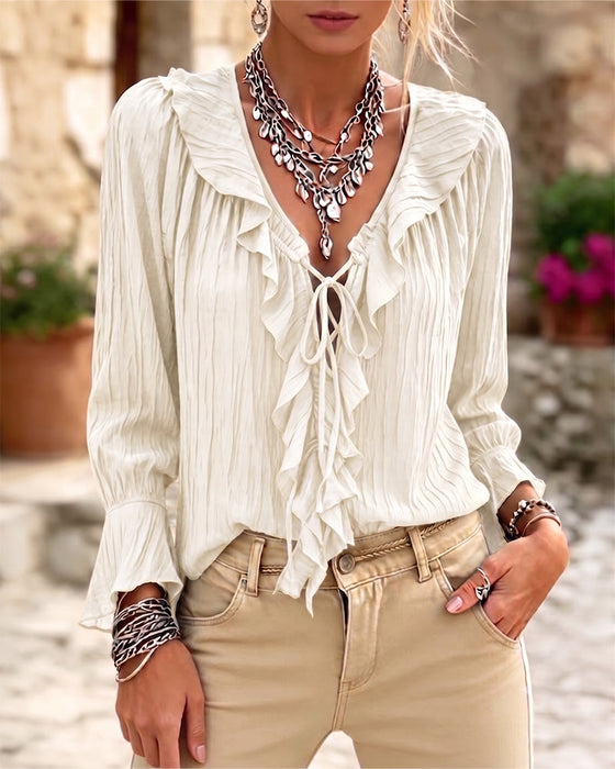 Bluse Ruffle Trim Knyting Lang Erme