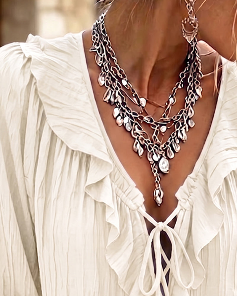 Bluse Ruffle Trim Knyting Lang Erme