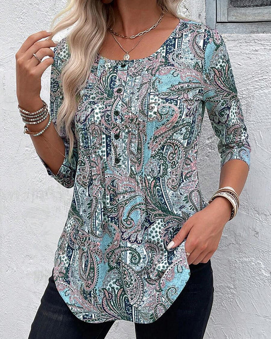 Bluse Trekvartsermet Vintage Trykk
