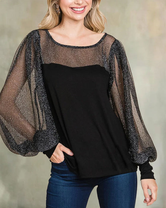 Bluse Sheer Puffererme Panel Avslappet