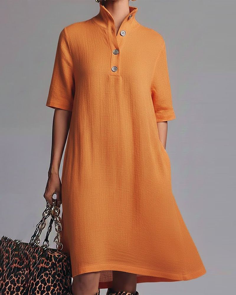 Kjole Ensfarget Ståkrage Kortermet