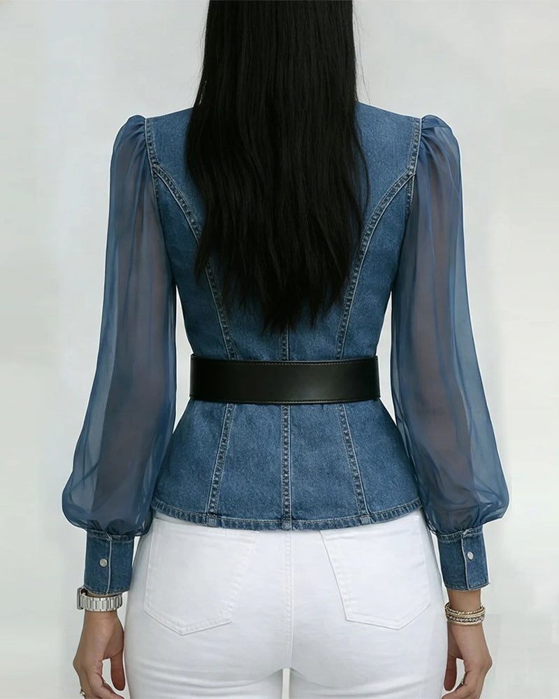 Bluse I Elegant Mesh Og Denim
