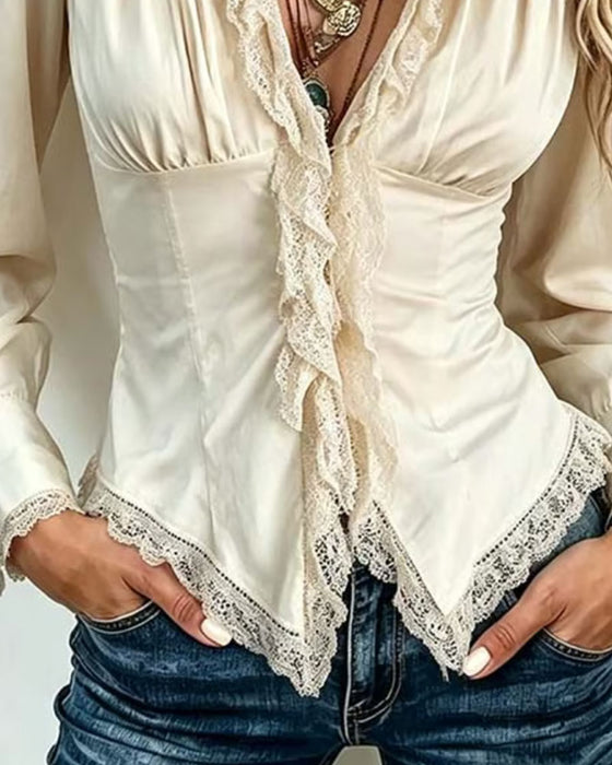 Bluse Krage Blonder Skjøtet Langermet
