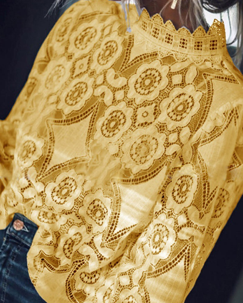 Bluse Sexig Gjennomsiktig Langermet Ståkrage Knipling