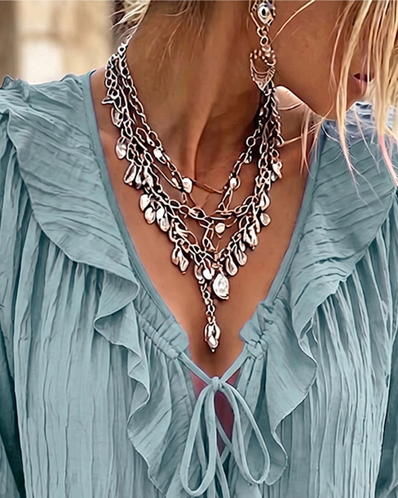 Bluse Ruffle Trim Knyting Lang Erme