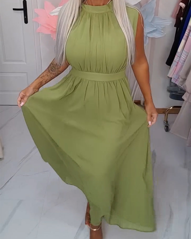 Kjole Ensfarget Ermeløs Midjestramming Maxi