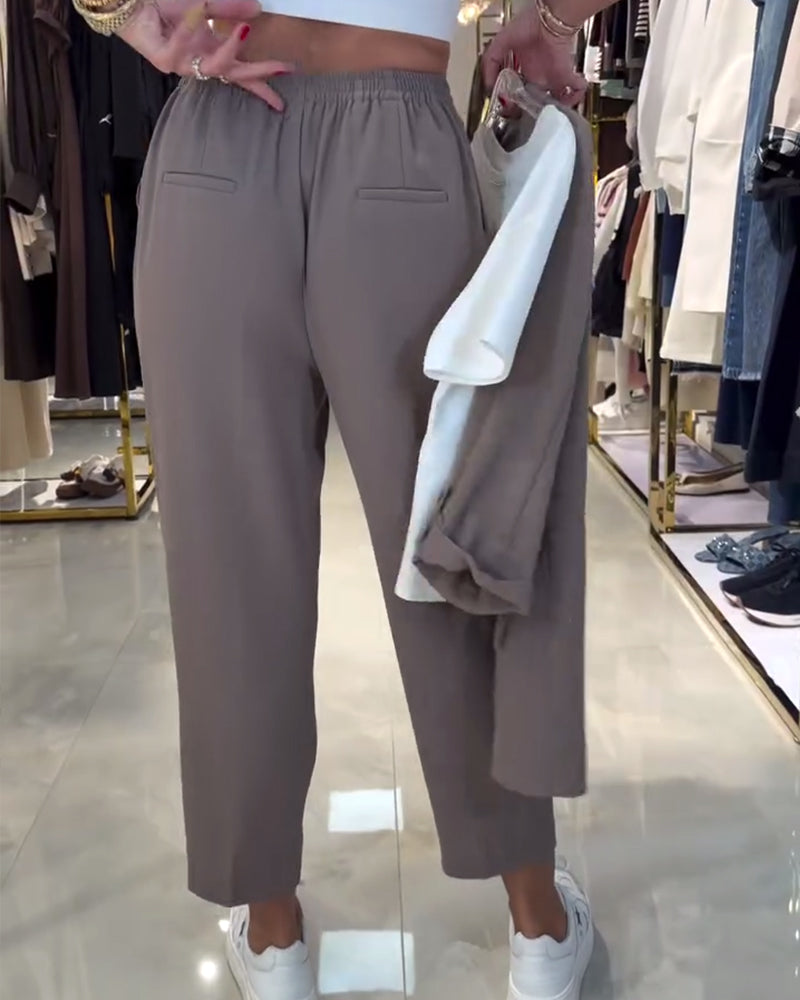 Bukse Ensfarget Høy midje Snøring Hverdagslig