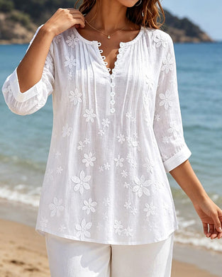 Bluse Knapp Foran Rynket Blomstret Solid