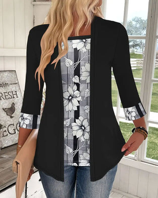 Trykt Topp Med Lange Ermer Falsk Todelt Design