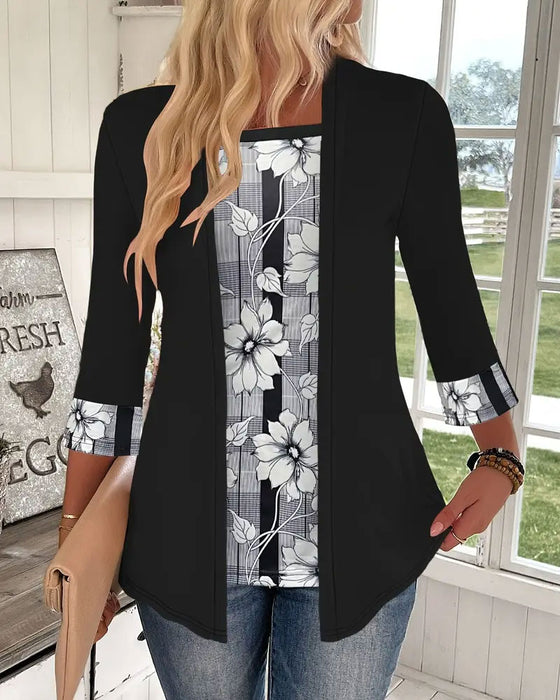 Trykt Topp Med Lange Ermer Falsk Todelt Design