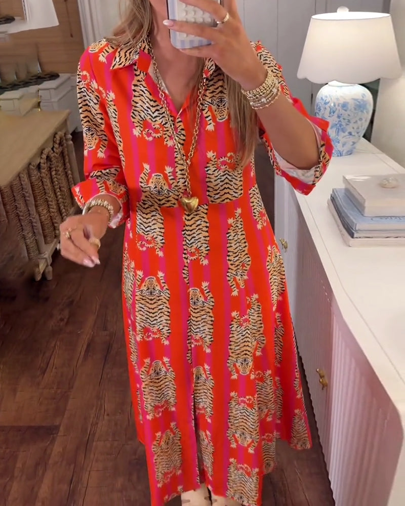 Kjole Lang Erm Jakkeslag Trykt Maxi