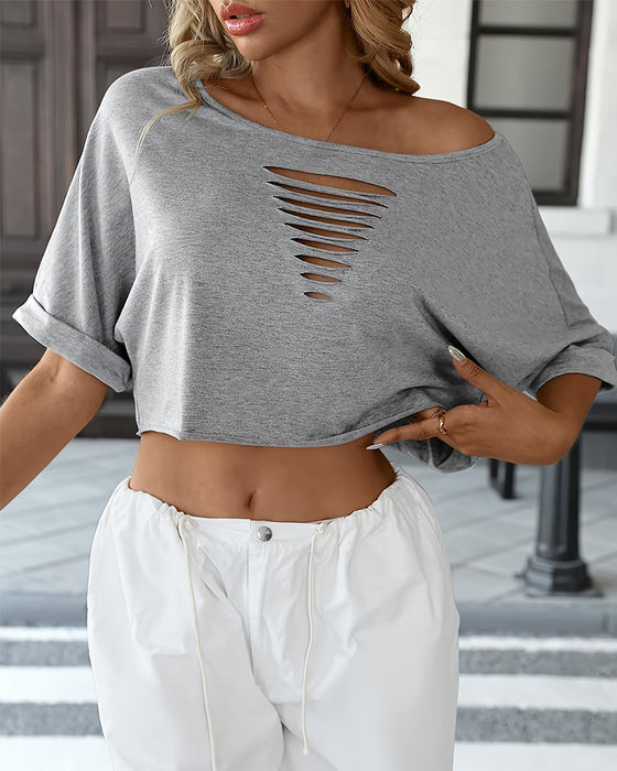 T-Skjorter Off-Shoulder Asymmetrisk Revnet Rulletkant
