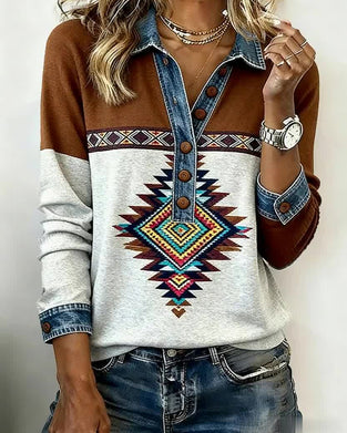 Trykt Fargeblokkert Genser Med Knappkrage