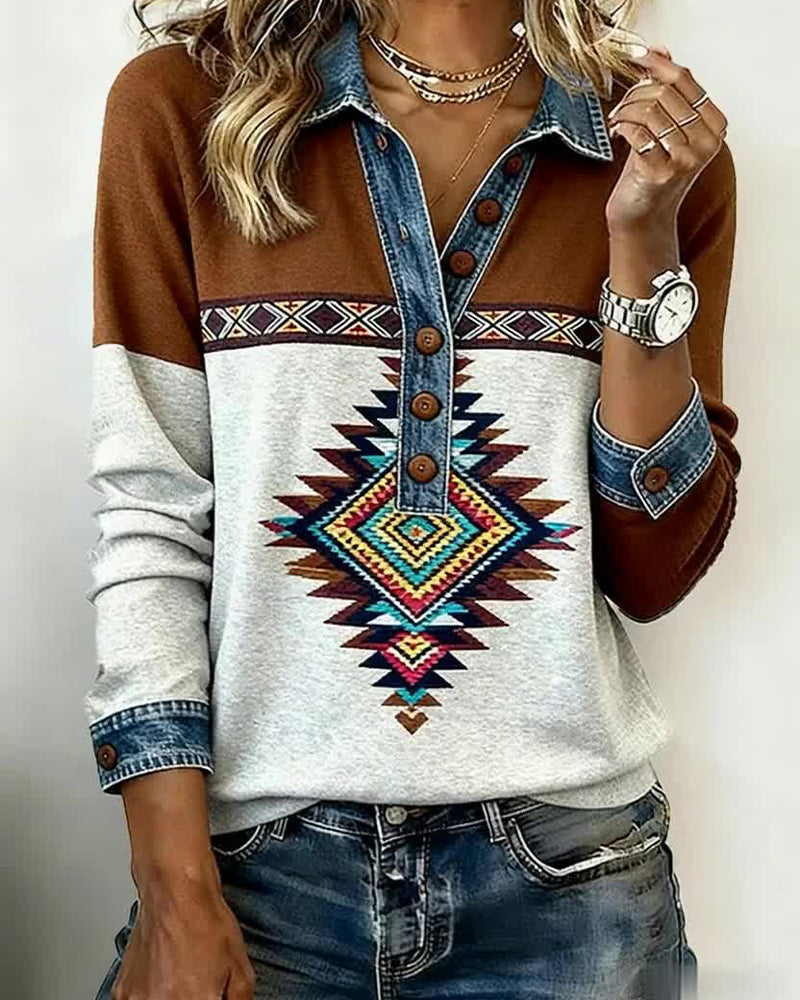 Trykt Fargeblokkert Genser Med Knappkrage