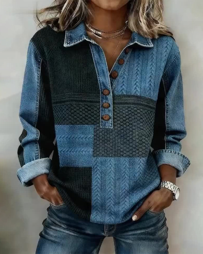 Trykt Sweatshirt Med Lange Ermer Og Knappeskjortekrage