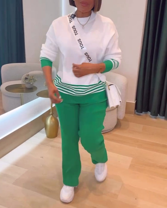 Stripete Kontrast Pullover Bukse Sett