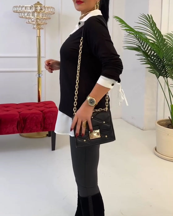 Topp Svart Og Hvit Patchwork Krage