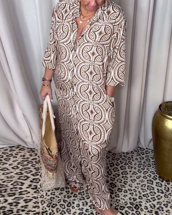 Vintage printet maxikjole med jakkeslag og lomme