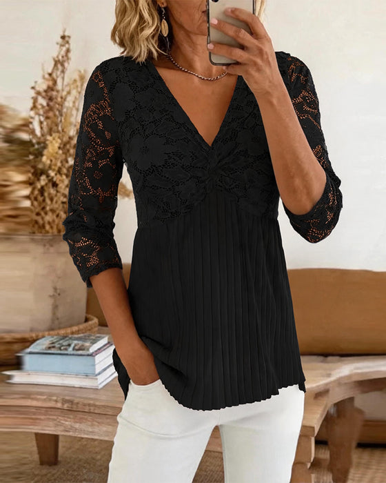 Bluse Avslappet V-Hals Blonde Panel