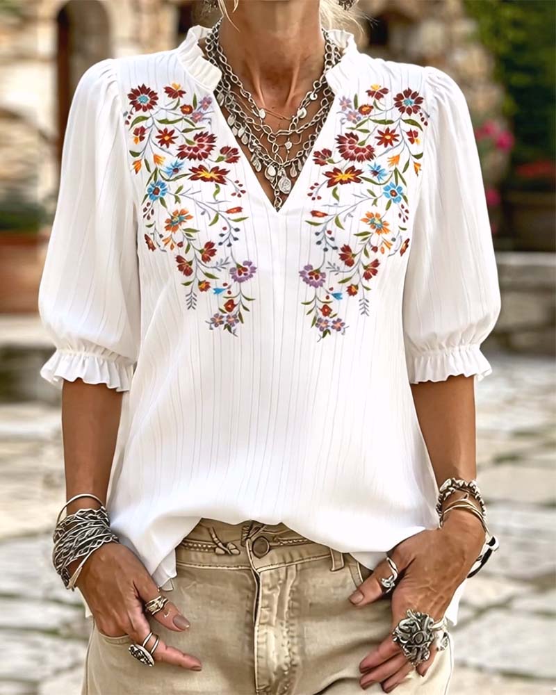 Bluse Ruffle Trim Trykk Casual