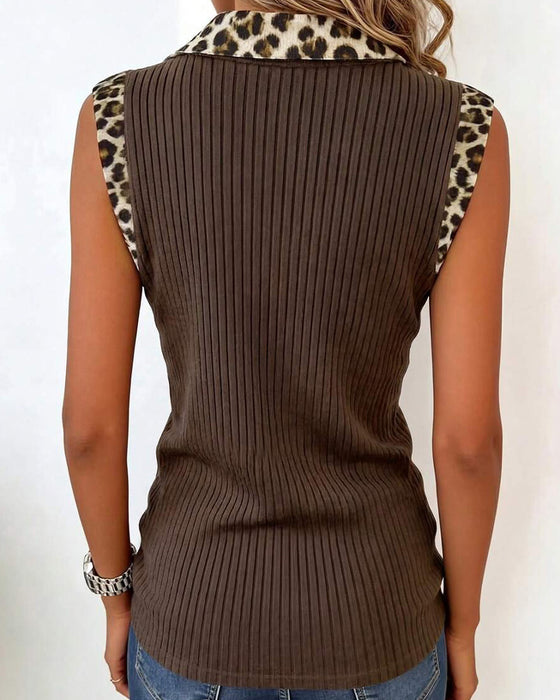 Bluse Jakkeslag Leopard Trykk Ermeløs Ribbet