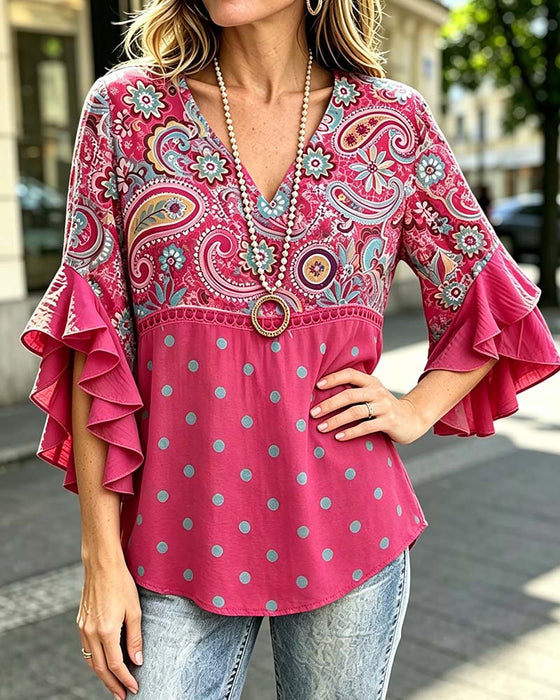Bluse V-Hals Blomstrende Prikket Ruffle