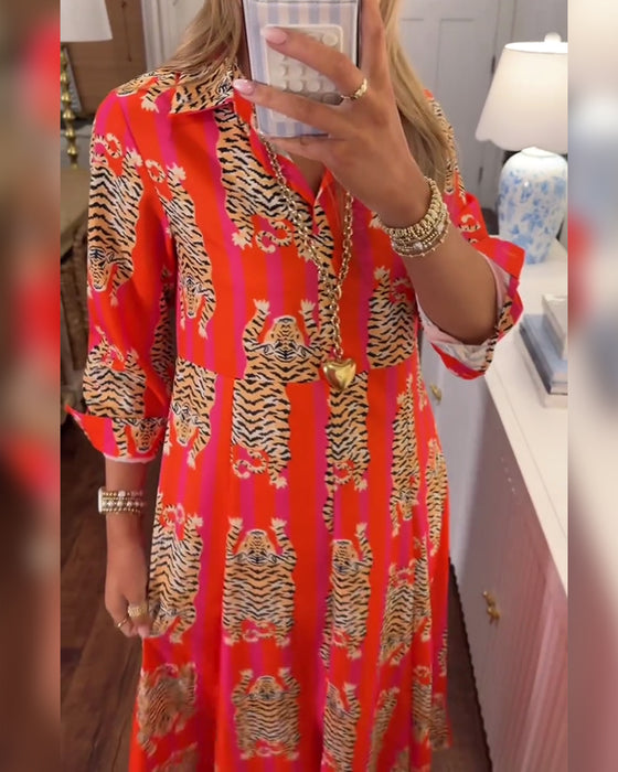 Kjole Lang Erm Jakkeslag Trykt Maxi