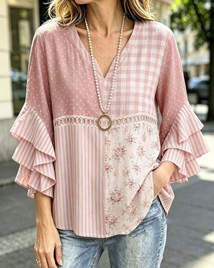 Bluse Dobbelt Lag Ruffle Ermer Stripet Prikket Trykk
