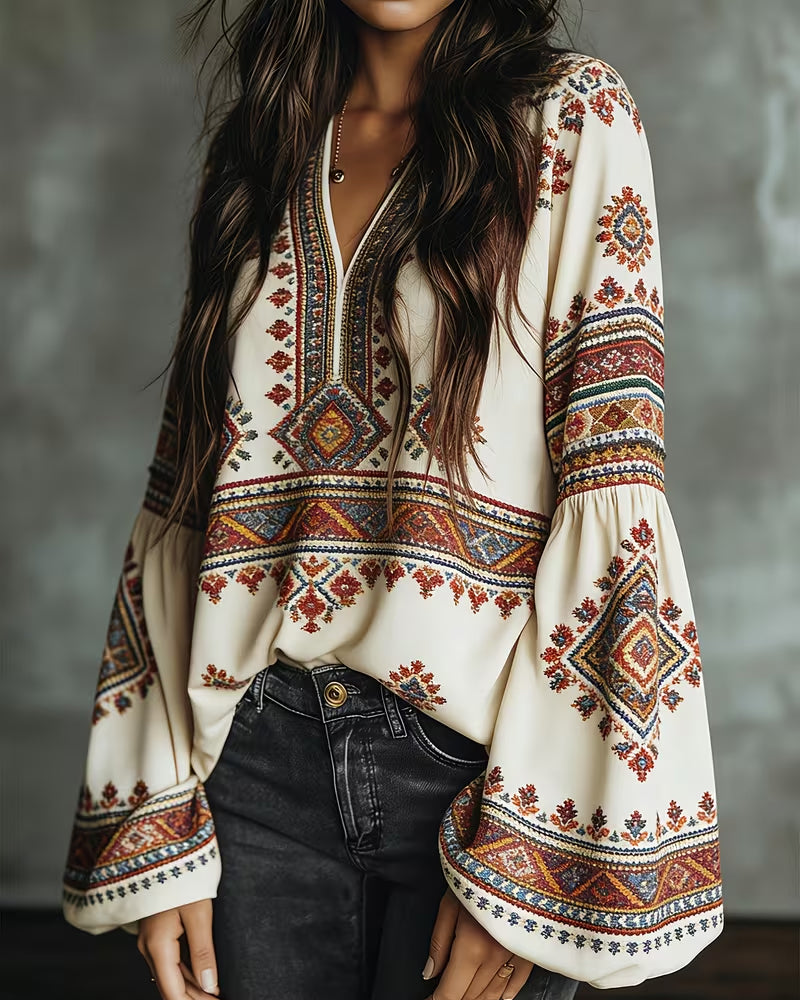 Bluse Etnisk Geometrisk Trykk Lanterne Erme