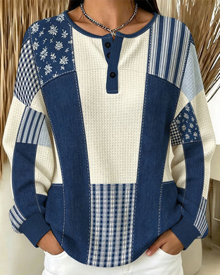 Sweatshirt Rund Hals Knapp Blomstret Plaid