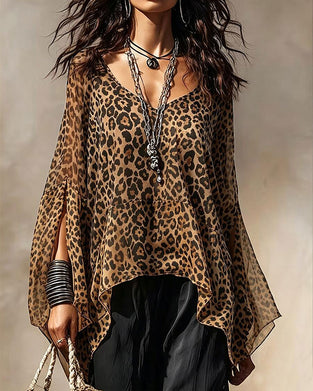 Bluse V-Hals Leopard Uregelmessig