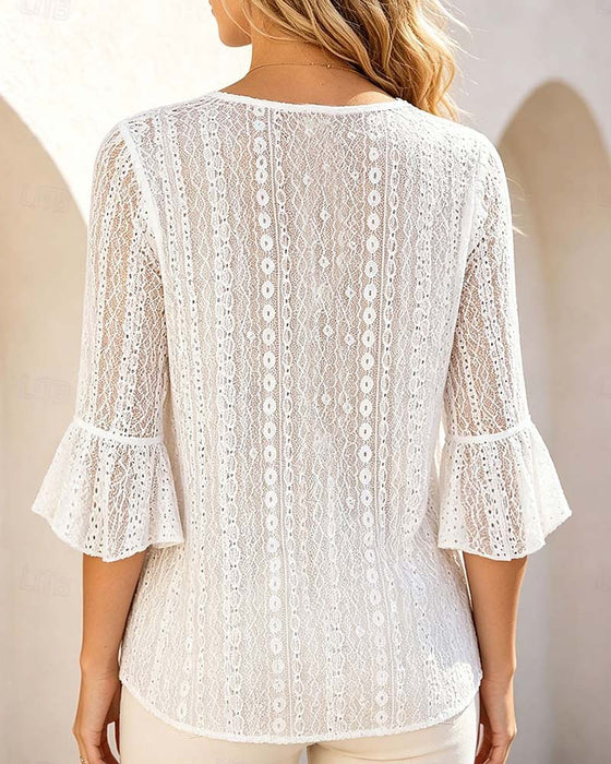 Bluse Rundhalset Hollow Out Blonder Patchwork