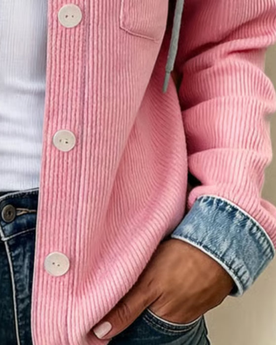 Frakk Hetta Ribbestrikket Denim Lappeteppe Kneppet