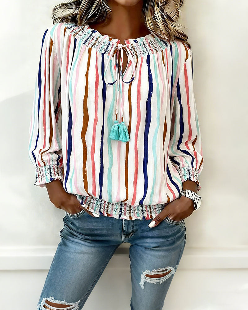 Bluse Fargeblokk Stripe Snøring