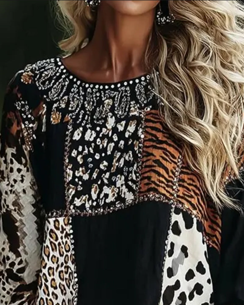 Bluse Rund Hals Leopard Tiger Trykk Kontrast