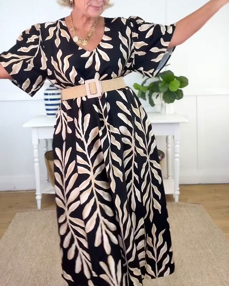 Kjole V-Hals Løs Kort Erme Trykt