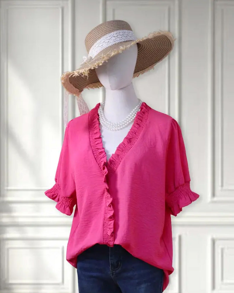 Bluse V-Hals Rynket Kortermet