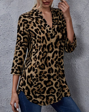 Top V-Hals Leopard Trykk Asymmetrisk Trekvart Erme