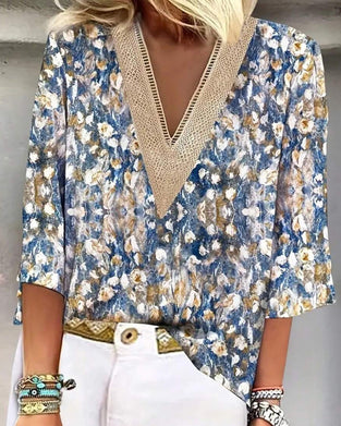Bluse V-hals Trekvart Erme Blomstret Trykk
