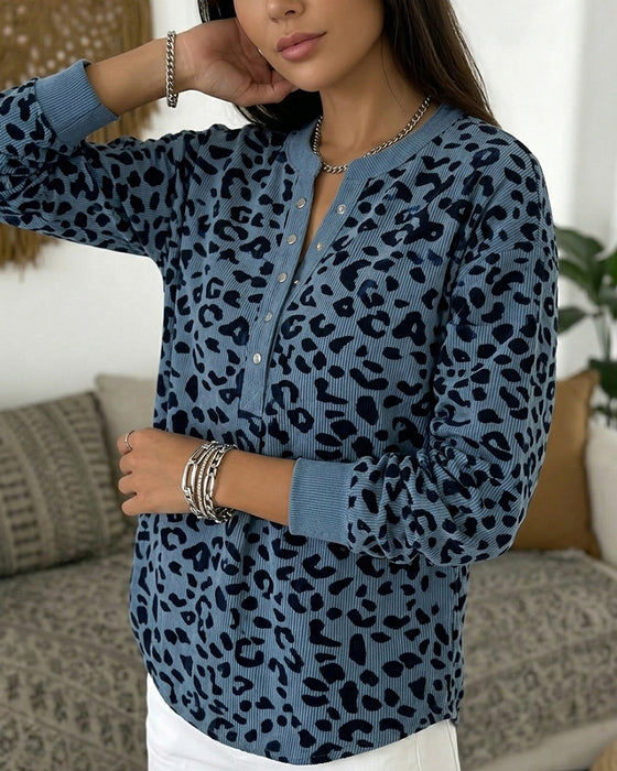 Sweatshirt Leopard Knapp V-Hals Lang Erme